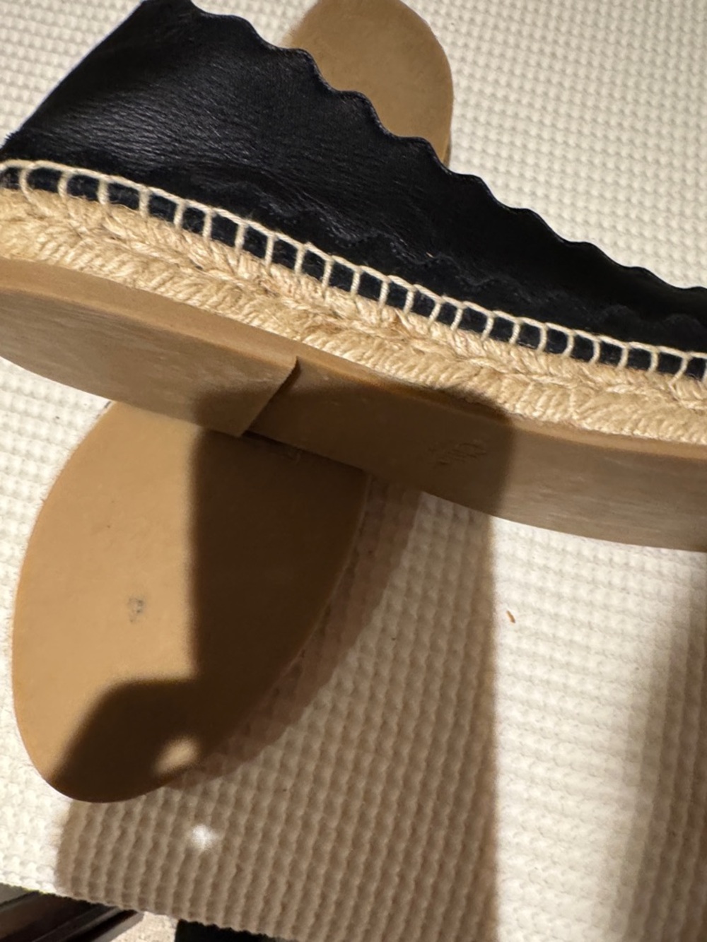 Chloe Black Scalloped Leather Espadrille Flats - Picture 4 of 7